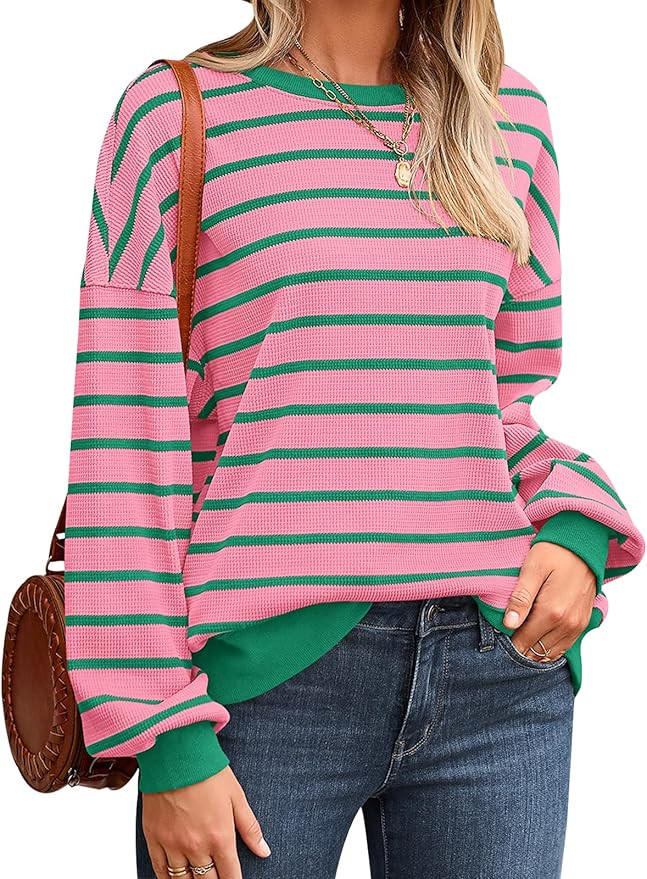 PRETTYGARDEN Oversized Sweatshirt For Women Crewneck Long Sleeve Striped Shirt Casual Fall Preppy... | Amazon (US)
