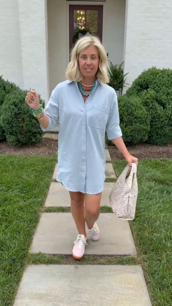 Oh my favorite shirt dress!! It is such a great dress and a closet keeper for sure. I’m in a small dress and 8 sneakers. 

*code Catherine20 at Allie + Bess

#LTKdayinmylife #LTKmomlife #LTKOver40