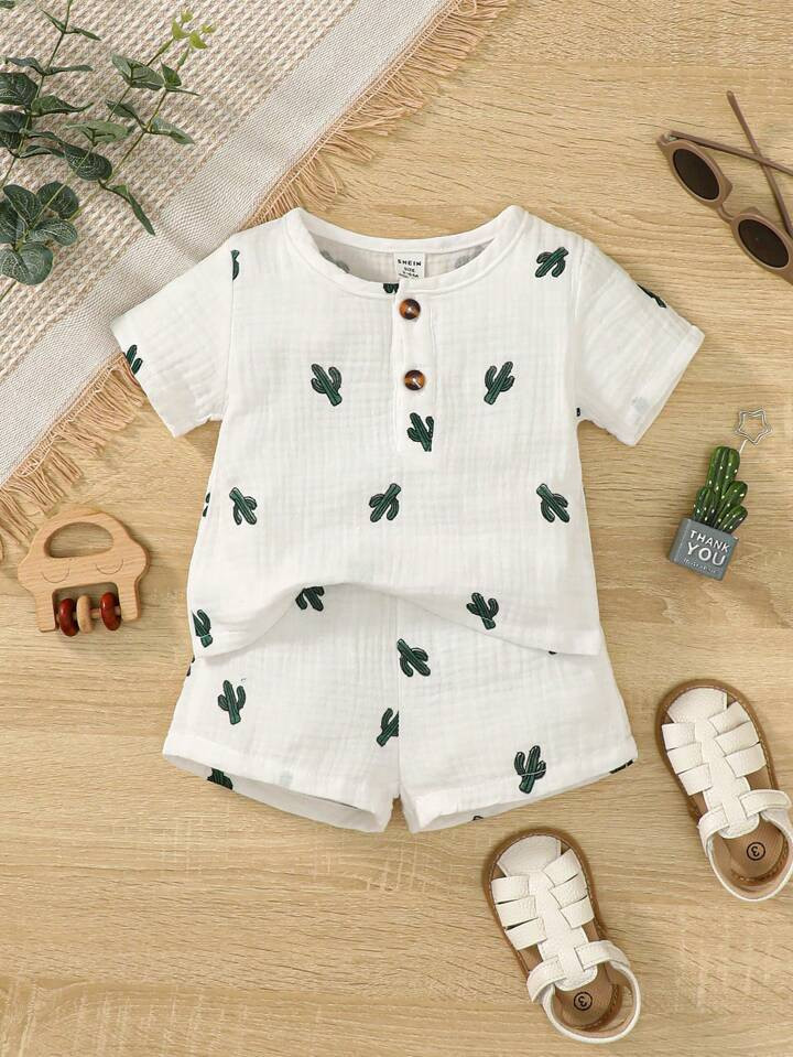Baby Boy Cactus Print Button Front Tee & Shorts | SHEIN