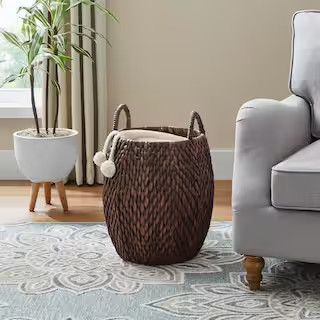 Round Brown Woven Water Hyacinth Decorative Poppy Basket | The Home Depot