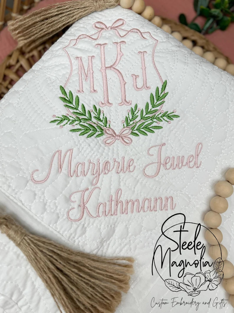 Grandmillenial Pink Bow Coquette Baby Blanket Custom Name Monogram Embroidered Baby Heirloom Quil... | Etsy (US)