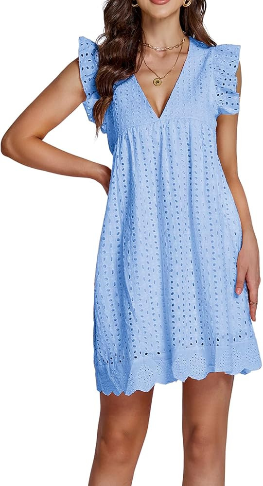 LYANER Women's Elegant Eyelet V Neck Ruffle Cap Sleeve Tank Babydoll A Line Mini Dress | Amazon (US)