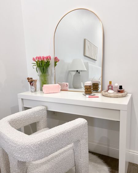 Bedroom vanity refresh! 💕 added this boucle chair to my vanity situation and love it so much! 

ikea malm vanity, wayfair, gold arch mirror, fluted vase, H&M, perfume, Sephora, amazon, glass cup, summer fridays, cosmetic bag, white table, accent chair, bedroom decor, fancythingsblog

#LTKhome #LTKFind #LTKbeauty