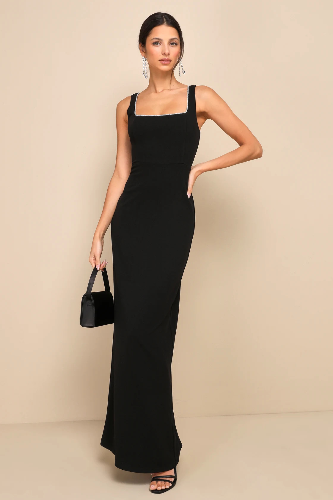 Timeless Poise Black Rhinestone Square Neck Backless Maxi Dress | Lulus