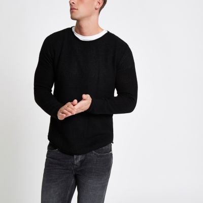 Black textured knit rolled slim fit sweater | River Island (UK & IE)
