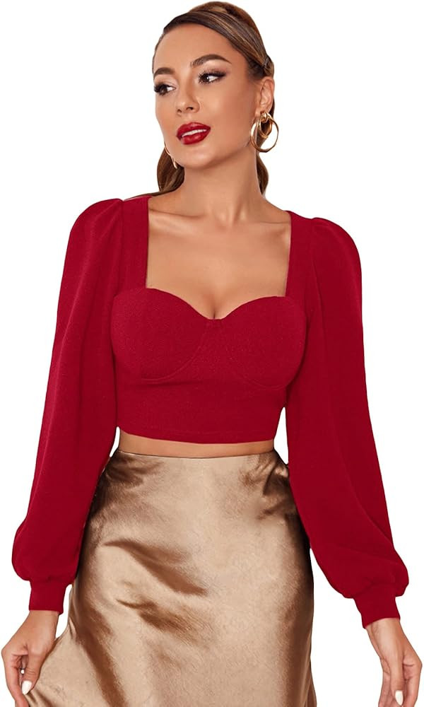 Women's Elegant Sweetheart Neck Lantern Long Sleeve Blouse Crop Top | Amazon (US)