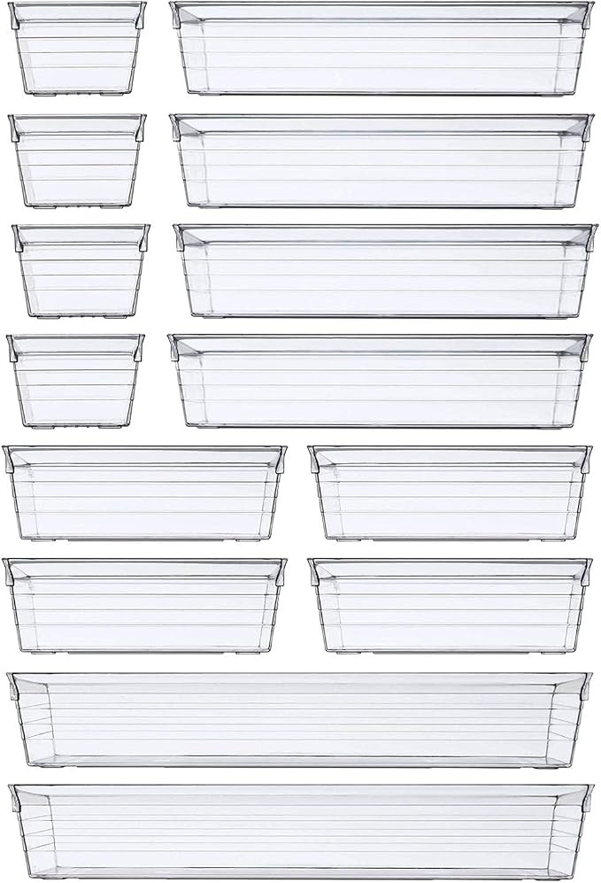 DCA 14 PCS Clear Plastic Drawer Organizer Tray, 4 Sizes Desk Drawer Divider Organizers and Storag... | Amazon (US)