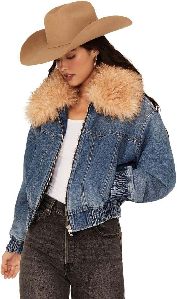 [BLANKNYC] Womens Denim Bomber Jacket With Faux Fur Collar | Amazon (US)