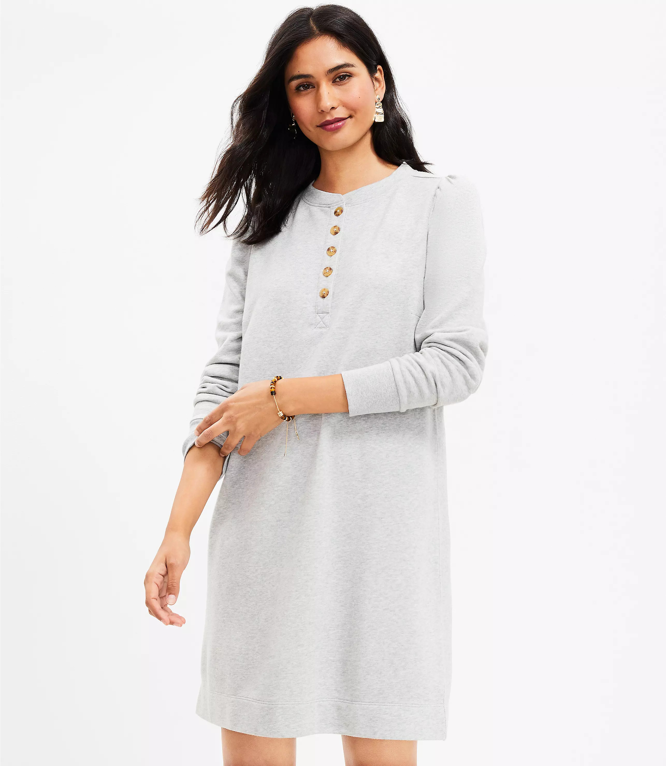 Shirred Sleeve Henley Shift Dress | LOFT