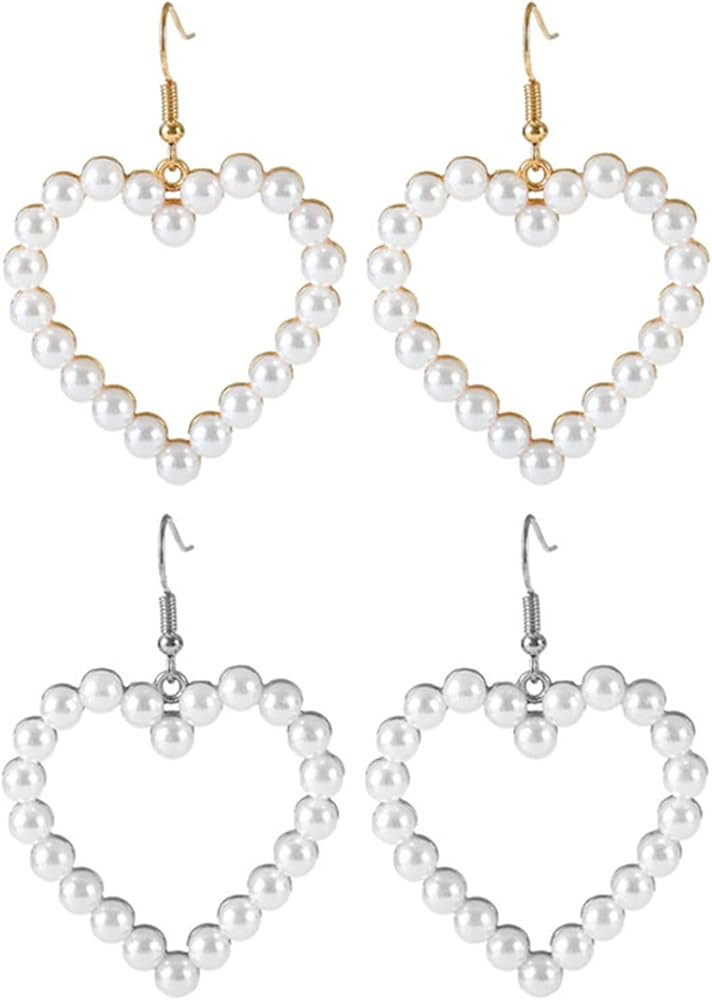 MALOYANVE 2 Pairs Pearl Heart Dangle Earrings Love Heart Earrings Vintage Gold Silver Plated Pear... | Amazon (US)