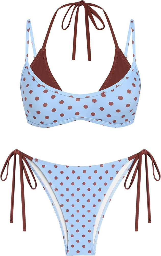 ZAFUL Women's Polka Dot Bikini Set Double Layer Halter Swimsuit Colorblock Side Tie 2 Piece Bathi... | Amazon (US)