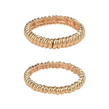 Time and Tru Adult Women's Gold-Tone Textured Metal Stretch Bracelet Set, 2 Piece | Walmart (US)