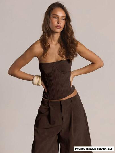 MUSERA Boned Zip Up Strapless Suede Corset Top Only Winter Casual Going Out Sexy Everyday Night O... | SHEIN