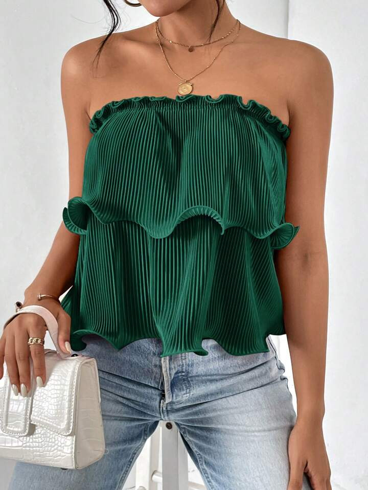 SHEIN Essnce Solid Color Pleated Texture Strapless Top | SHEIN