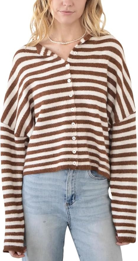 Esmeling Women Button Down Striped Cardigan Crew Neck Long Sleeves Sweater Open Front Knit Outerw... | Amazon (US)