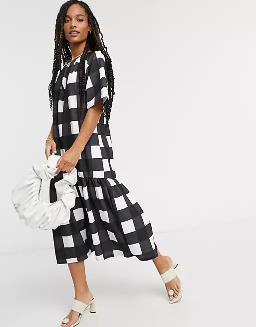 ASOS DESIGN midi dress with pep hem in oversized black and white check print | ASOS (Global)