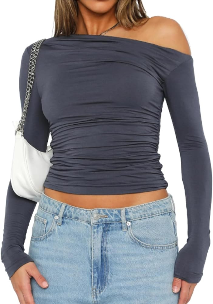 RONGCAT Women's Sexy Off Shoulder Long Sleeve Tops Slim Fit Asymmetrical Neck Crop Tops Ruched St... | Amazon (US)