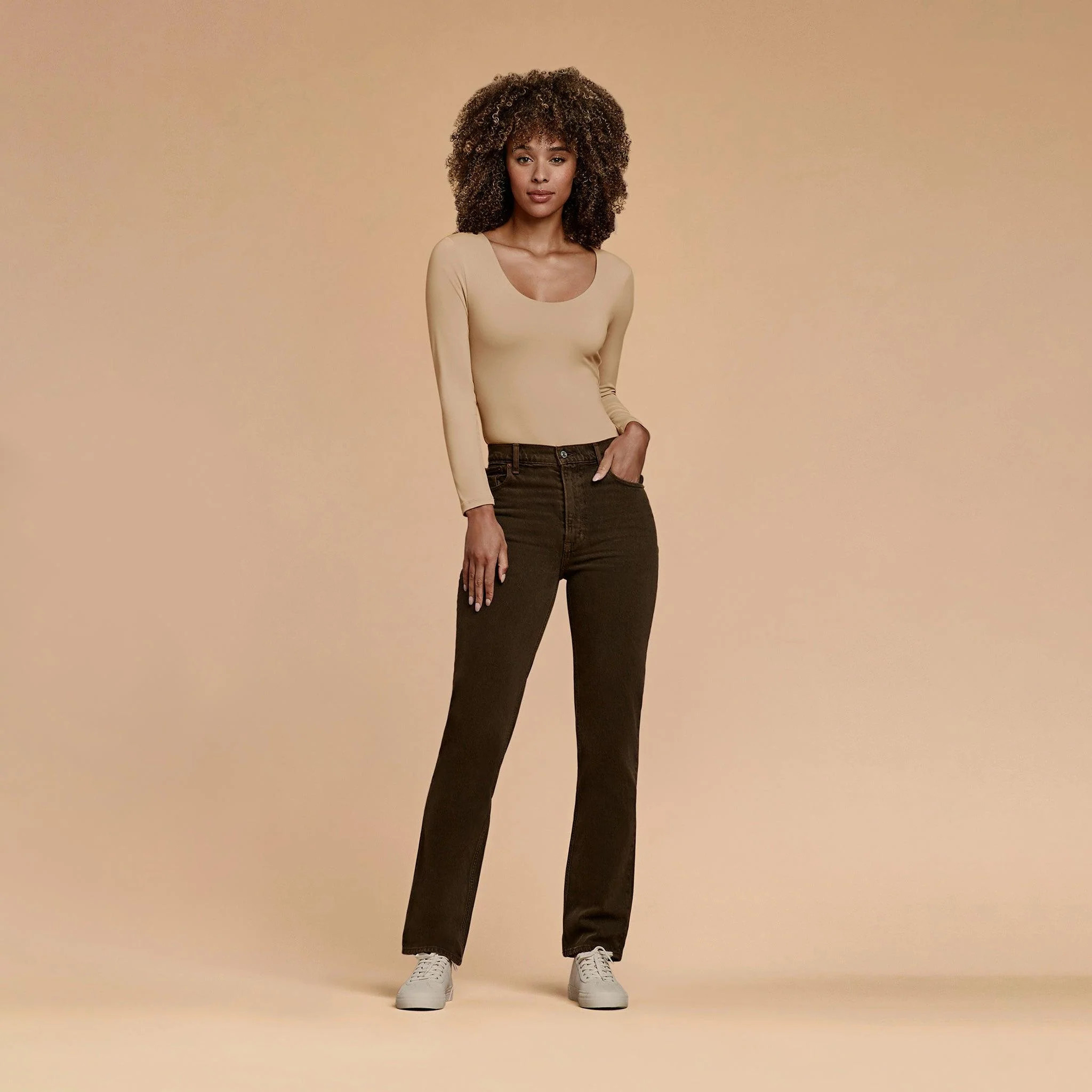 Women's Long Sleeve Scoop Neck Bodysuit - Oat - nuuds | nuuds