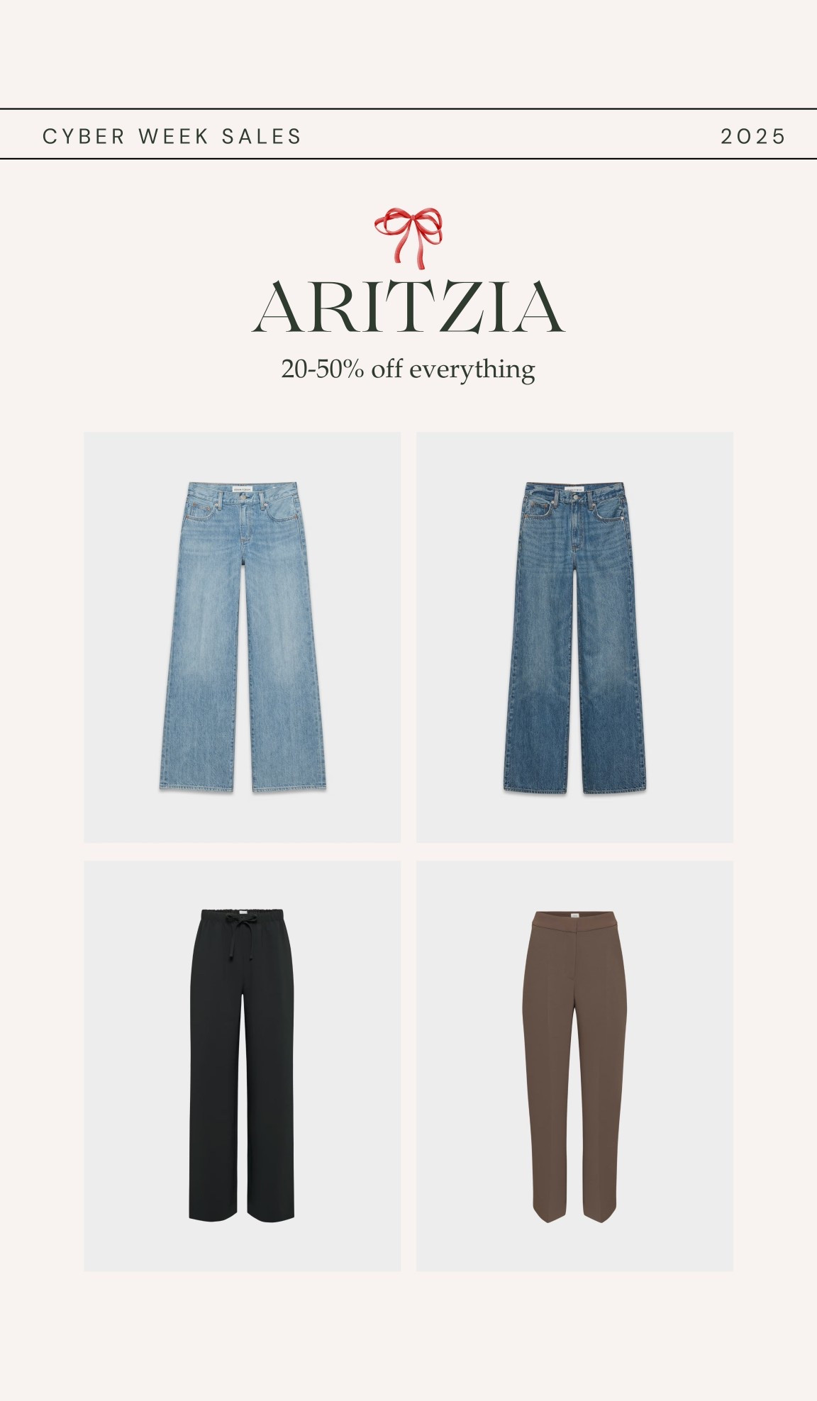 [11/25/25] aritzia 20-50% off! Linking in stock bottoms - I usually wear 00 or 0 |

Tailored pants: I love both the effortless and limitless pants, but difference is that the effortless has belt loops + pleats, while the limitless do NOT have belt loops or pleats. 

Denim: featuring low and high rise options

#LTKSaleAlert #LTKHoliday #LTKPetite