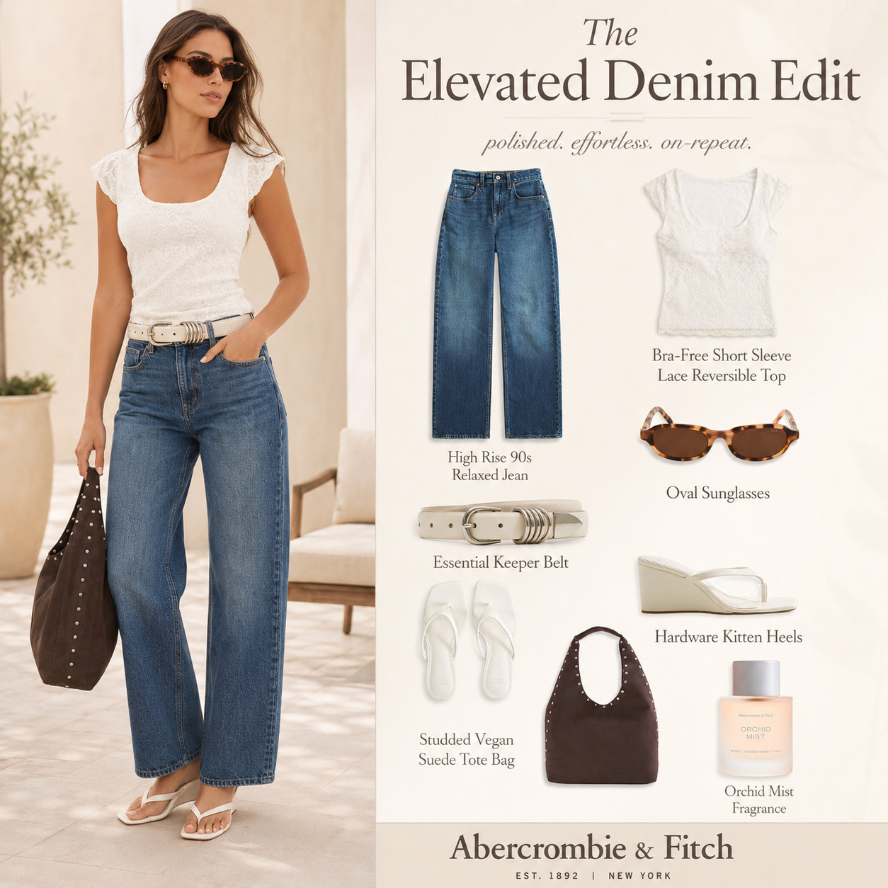 @abercrombie & Fitch Summer Chic | The Elevated 90s Denim Edit

This is how you make jeans feel instantly elevated — and this Abercrombie denim edit is exactly the kind of outfit you’ll wish you had saved when you need something easy but polished!! ☀️ 

The High Rise 90s Relaxed Jean gives that effortless, cool-girl denim fit while still feeling clean and wearable. 

Paired with the Bra-Free Short Sleeve Lace Reversible Top, it softens the whole look and makes it feel feminine without trying too hard.

The Essential Keeper Belt, Oval Sunglasses, Studded Vegan Suede Tote Bag, Hardware Kitten Heels, and Orchid Mist Fragrance pull it together into the perfect elevated everyday outfit. 

It works for brunch, shopping days, casual dinners, vacation strolls, office-to-after plans, and those “cute but not overdone” moments.

This is one of those Abercrombie looks that feels simple, but photographs so well and gets worn on repeat. 

If you’re refreshing your denim outfits for summer, this is the combo to save before the best pieces disappear.

📌 SAVE this for the Abercrombie denim outfit formula you’ll want for elevated everyday style, brunch looks, and polished summer plans.

↓ Everything is linked!

#LTKActive #LTKSaleAlert #LTKTravel
