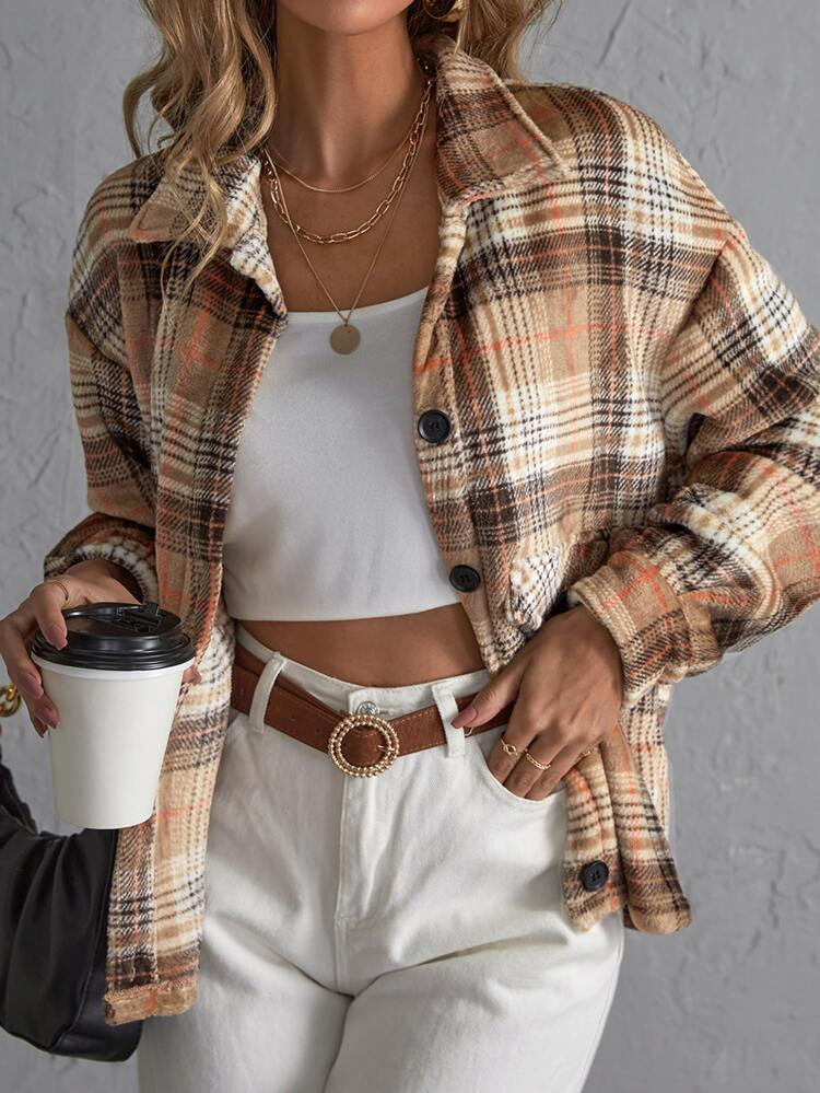 Plaid Print Drop Shoulder Jacket | SHEIN