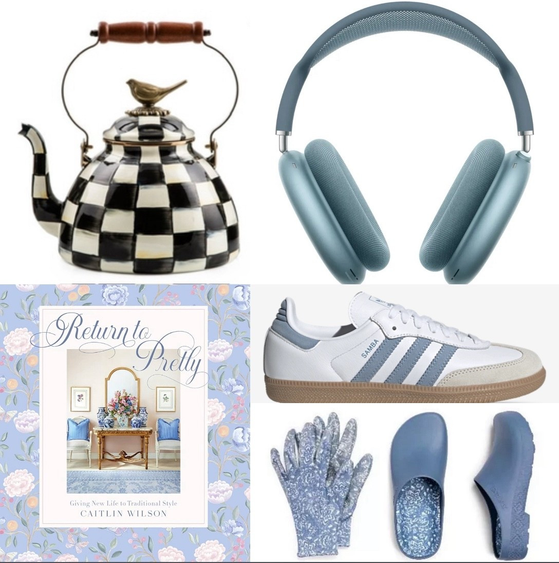 Holiday gift ideas
Blue and white
French blue
Gifts for her
Mackenzie Childs tea kettle 
Return to pretty coffee table book
Samba sneakers 
Apple headphone
Gardening clogs
Gloves 


#LTKHoliday #LTKFindsUnder100 #LTKGiftGuide