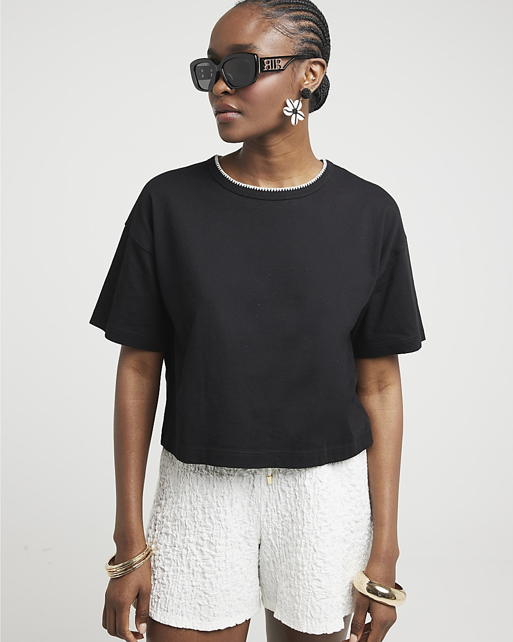 Black  Whipstitch Crop T-shirt | River Island (UK & IE)
