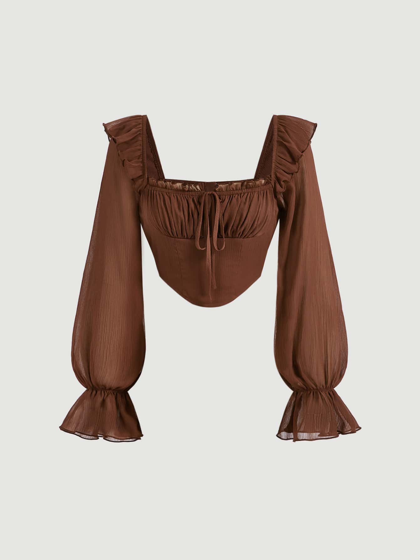 SHEIN MOD Tie Front Ruched Bust Flounce Sleeve Crop Top | SHEIN