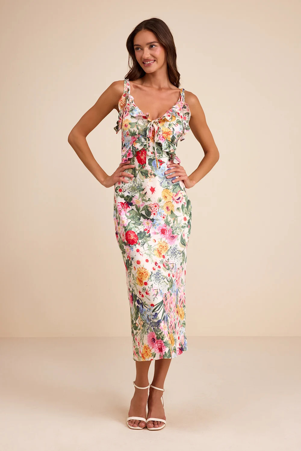 Clelia Ivory Multi Floral Satin Ruffled Tie-Strap Midi Dress | Lulus