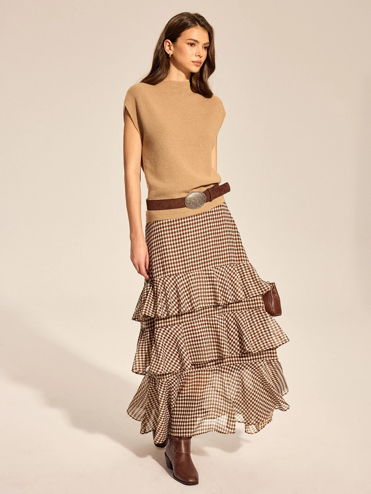 Gingham Tiered Maxi Skirt | Commense