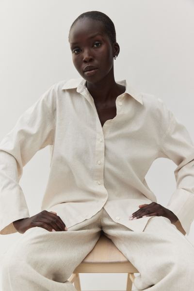 Linen-blend Shirt - Long sleeve - Regular length - Light beige/striped - Ladies | H&M US | H&M (US + CA)