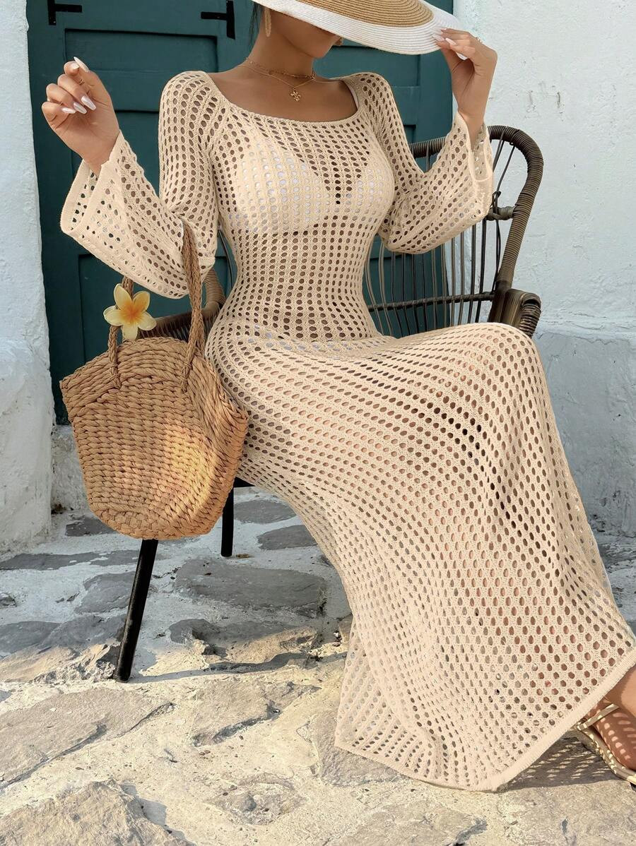 Bonvoyette Summer Hollow-Out U-Neck Long Sleeve Hollow Crochet Plain Color Beach Vacation Long Co... | SHEIN