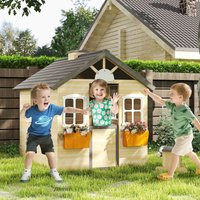 OUTSUNNY Wooden Kids Playhouse w/ Door, Windows, Bench, For Ages 3-7 Years in Brown | Debenhams UK