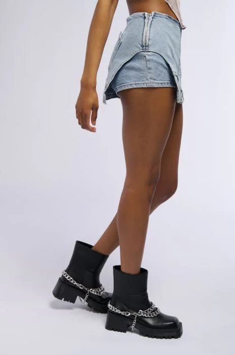 ITS THE REMIX ASYMMETRICAL DENIM MINI SKORT IN MEDIUM BLUE DENIM | AKIRA