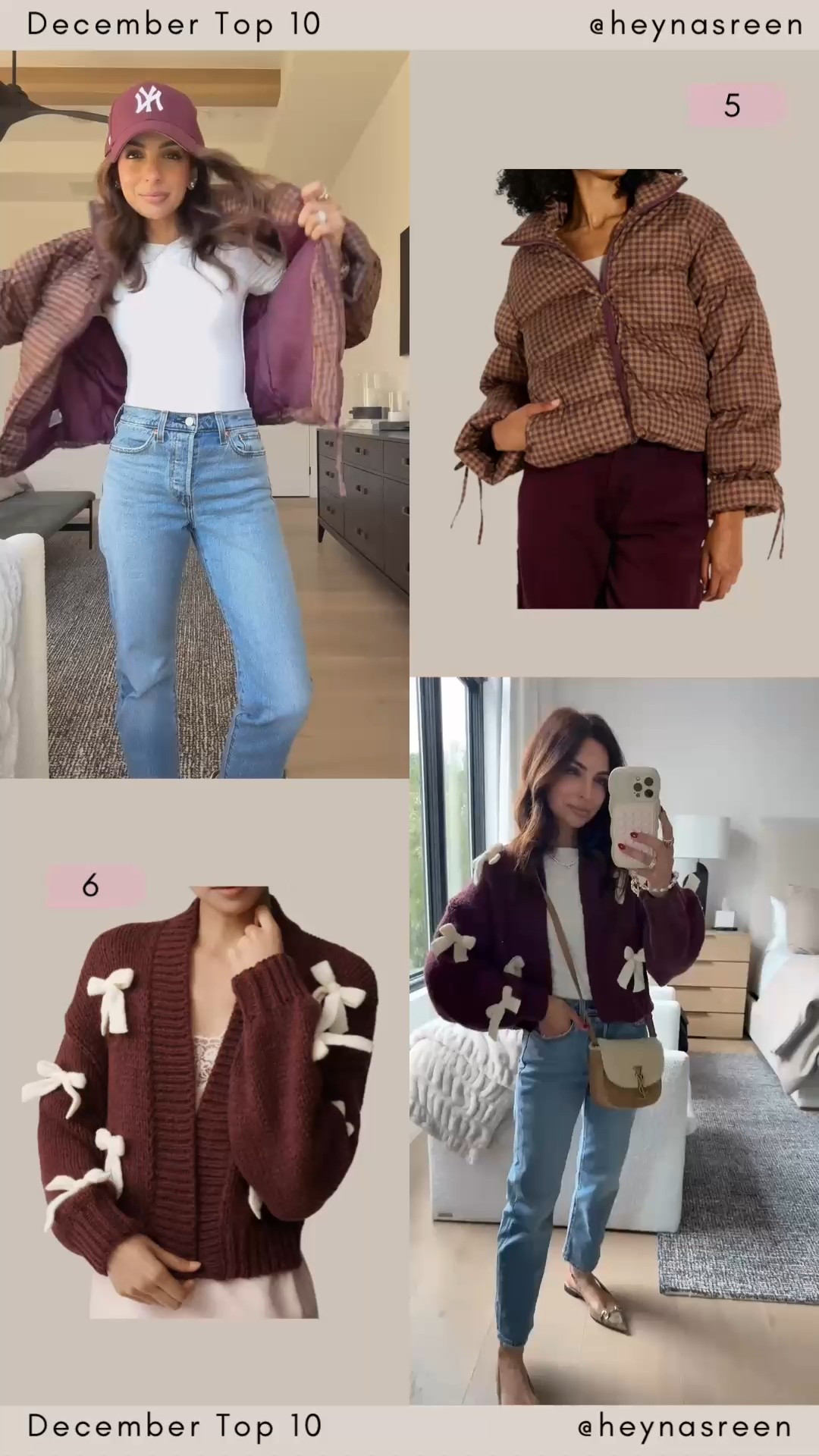 December Top 10:
#5: Target puffer jacket so affordable and love the gingham print, I’m wearing an XS.
#6: Anthropologie bow cardigan, so fun for the holidays, I’m wearing an XS. 