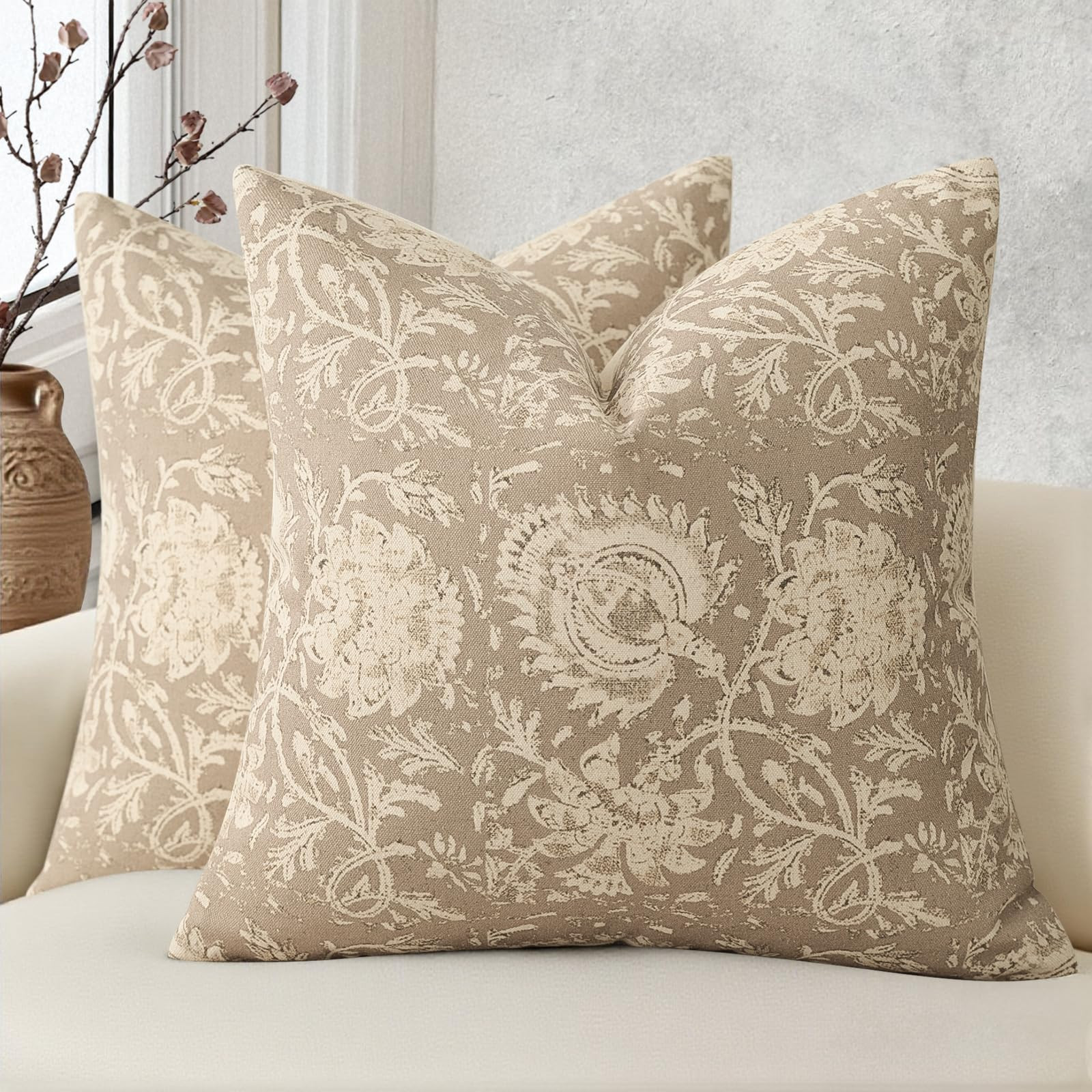 Vintage Floral Print Throw Pillow Covers 18x18 Set of 2 Neutral Modern Farmhouse Pillowcases Acce... | Amazon (US)