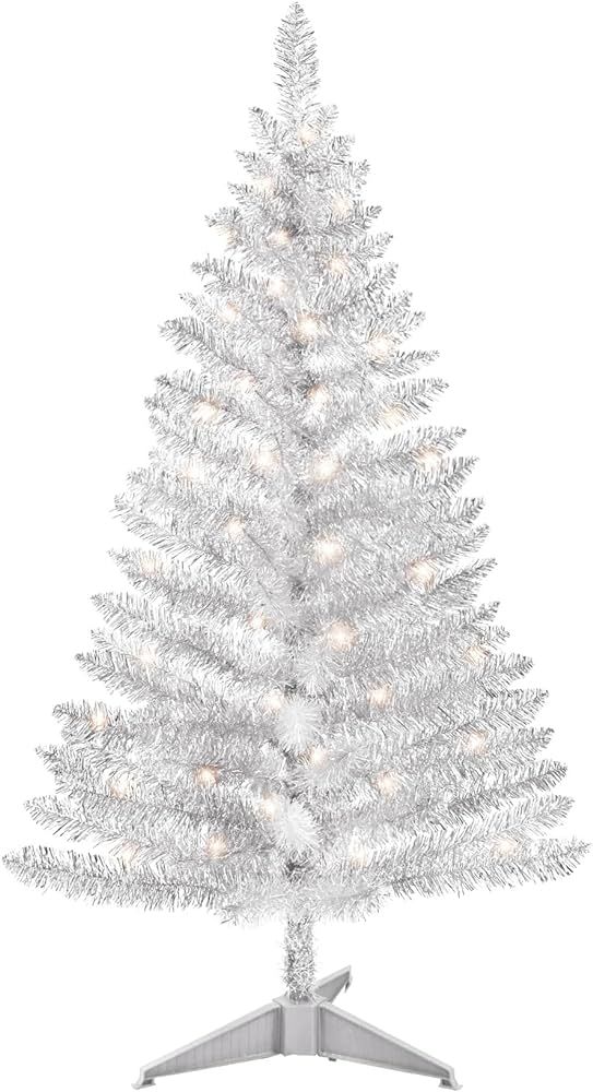 4ft Lighted Artificial Silvery Christmas Tree, Not Pre-lit Silvery Tinsel Pine Trees with Lights,... | Amazon (US)