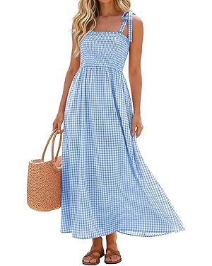 Womens Maxi Plaid Gingham Spaghetti Strap Flowy Sundress Summer Boho Casual Smocked Beach Vacatio... | Amazon (US)