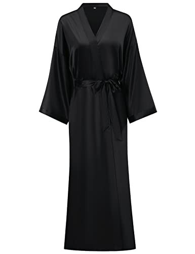 V Vaborous Women's Soft Long Satin Robes Long Silk Robes Full Length Robes Lightweight Kimono Robes Silky Dressing Gowns, Black,S/M | Amazon (US)
