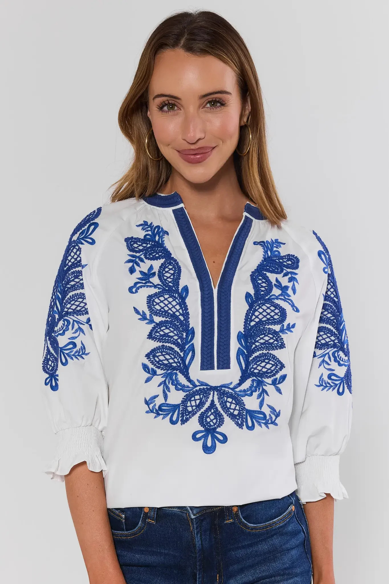 Iris White Embroidered Split Neck Top | Avara