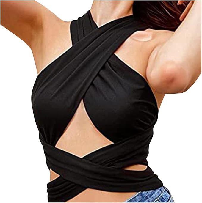 GOKKILRW Womens Summer Crop Tops Halter Neck Criss Cross Sexy Y2k Tops Backless Cropped Cami Tank... | Amazon (US)