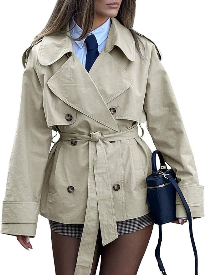Lingswallow Cropped Trench Coat for Women Double Breasted Lapel Short Jacket Crop Coats with Belt | Amazon (US)