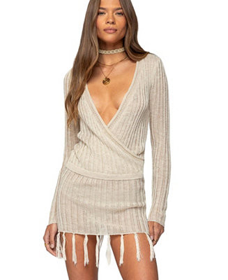 Women's Tassel Knit Wrap Mini Dress | Macy's