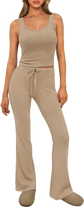 AUTOMET Womens 2 Piece Lounge Sets Summer Matching Outfits Pajamas Tank Tops and Elastic Waisted ... | Amazon (US)