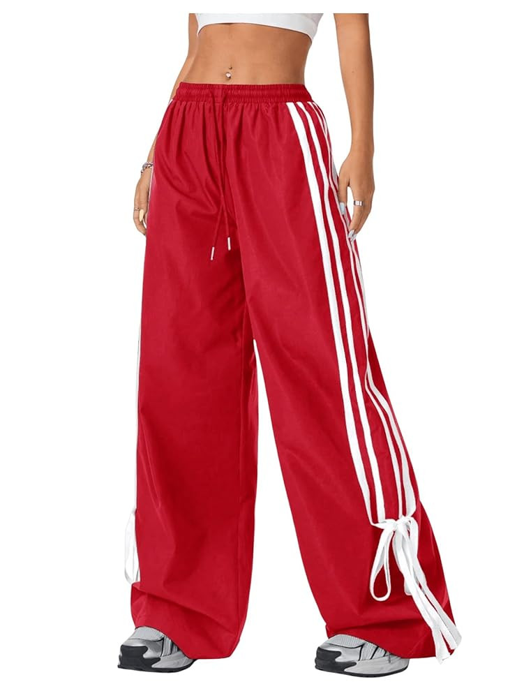 Women's Y2K Baggy Bow Wide Leg Pants Striped Track Elastic Waist Long Sweatpants Parachute Pants | Amazon (US)