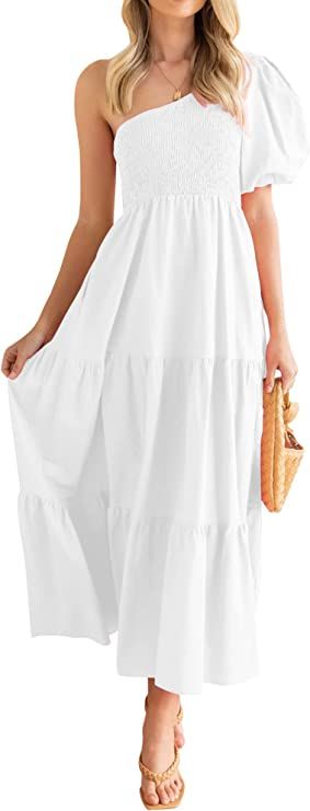 BTFBM Casual Women One Shoulder Short Puff Sleeve Summer Maxi Dress 2023 Boho Solid Color Smoked ... | Amazon (US)