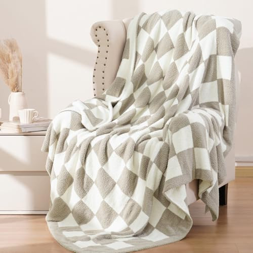 PHF Checkered Throw Blanket for Couch, Soft Knit Fluffy Checkerboard Fleece Blanket, Cozy Lightweight for Bed Sofa, Oat Color/Beige, 50" x 60" | Amazon (US)