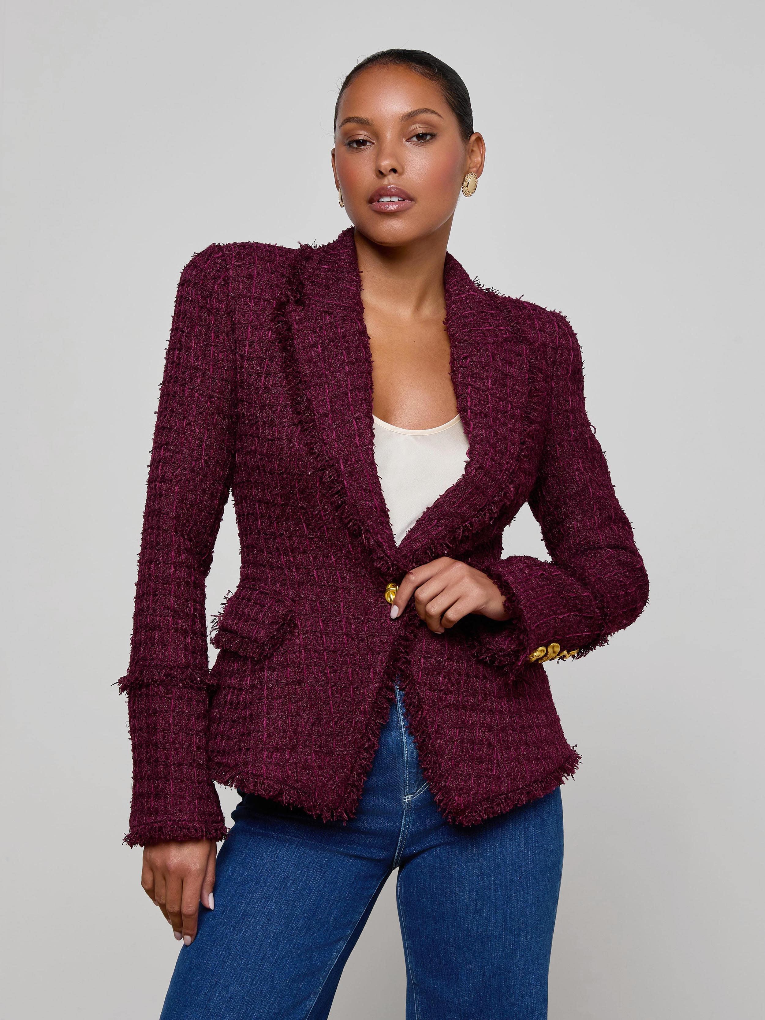 Kaisley Tweed Blazer in Dark Port | L'AGENCE | L'Agence