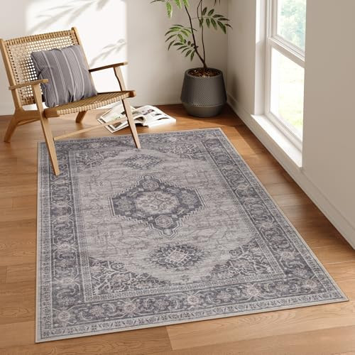 Lahome Oriental Washable Rugs for Bedroom, 4X6 Soft Living Room Rug Ultra-Thin Non-Slip Stain Resistant Vintage Low-Pile Throw Carpet for ‎Office Entryway, Grey/Brown | Amazon (US)