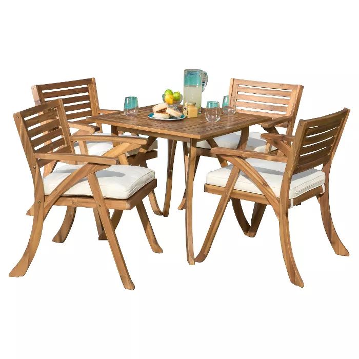 Hermosa 5pc Acacia Wood Patio Dining Set with Cushions - Teak Finish - Christopher Knight Home | Target